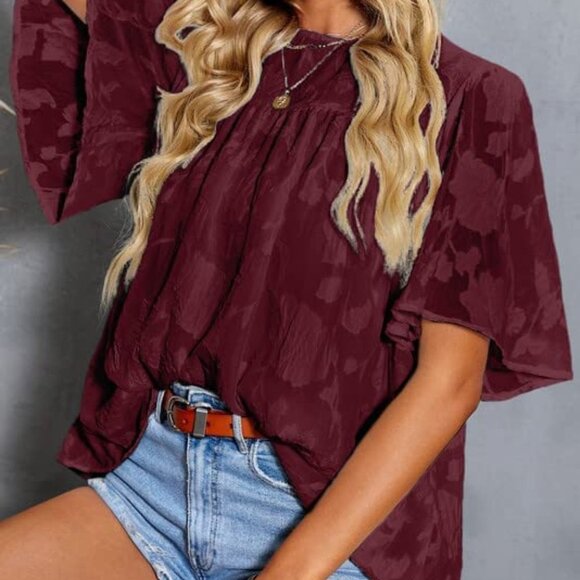 3/4 Bell Sleeve Blouse Summer Crewneck Lace Tops Floral Textured Babydoll Shirts - Picture 3 of 4